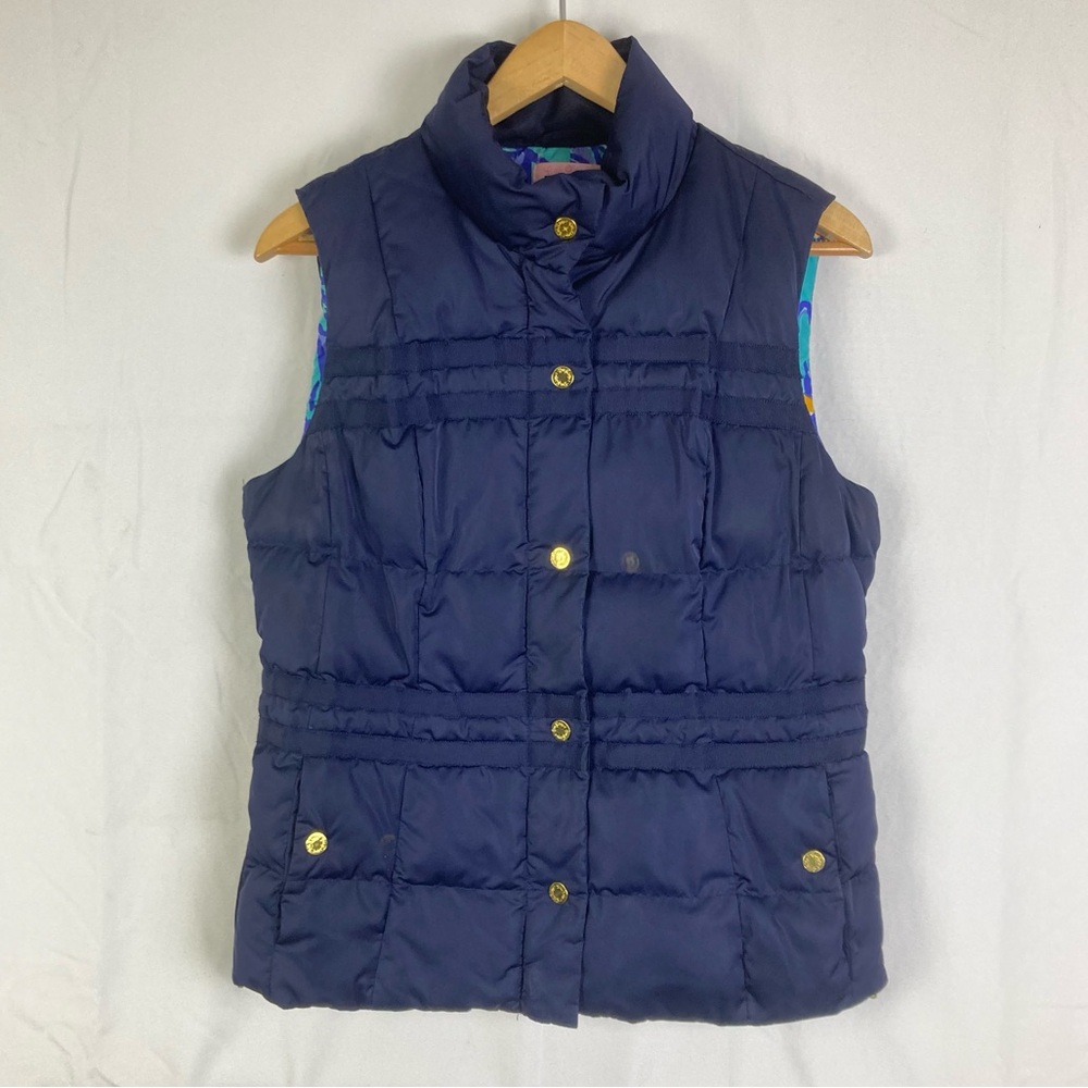 Lilly Pulitzer Medium Kate Puffer Vest Navy Blue Full Zip Preppy Classic EUC